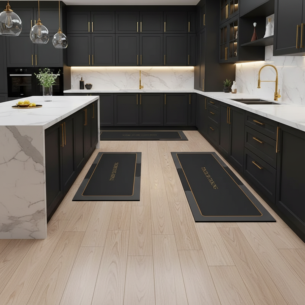 Tapis noir bordure dorée dans une cuisine luxe noire et dorée avec marbre