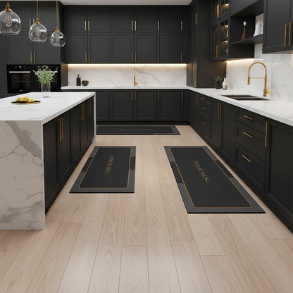 Tapis noir bordure dorée dans une cuisine luxe noire et dorée avec marbre