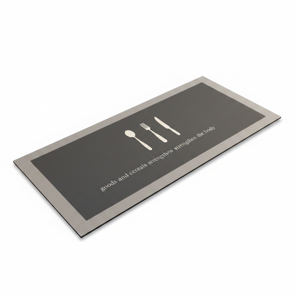 Tapis de cuisine gris motif couverts sur fond blanc avec ombre douce