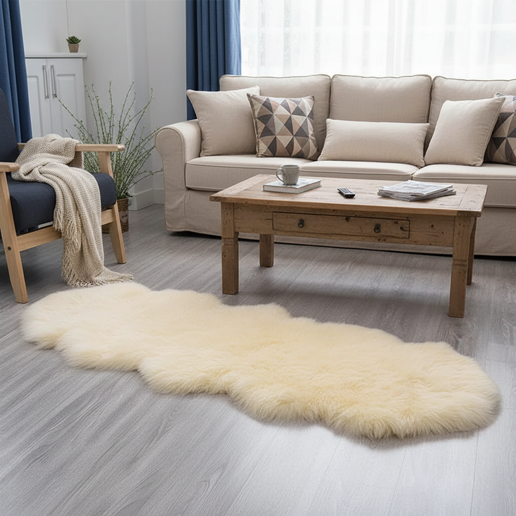 Tapis fausse fourrure beige dans un salon cosy avec canapé beige et table en bois