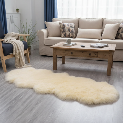 Tapis fausse fourrure beige dans un salon cosy avec canapé beige et table en bois
