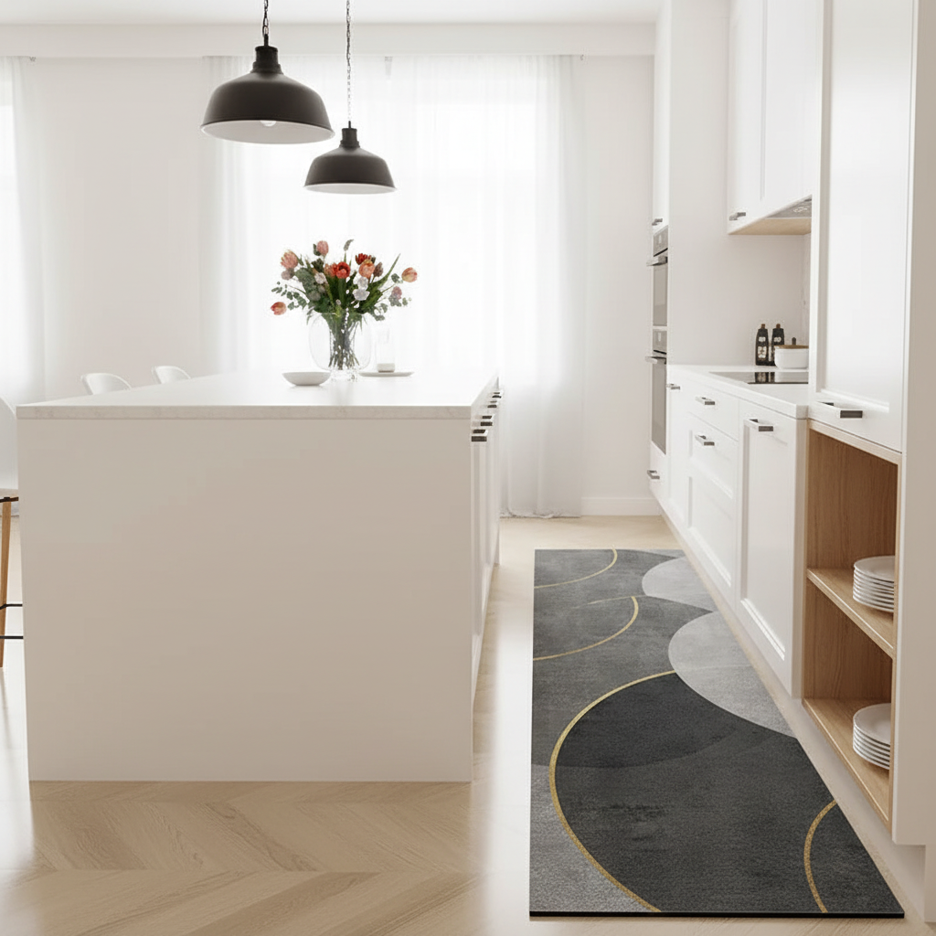 Tapis géométrique gris et doré dans une cuisine scandinave avec parquet chêne et lumière du matin