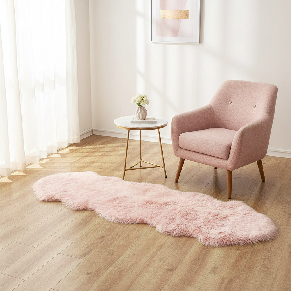 Tapis fausse fourrure rose poudré dans un salon féminin avec fauteuil rose blush et table en marbre