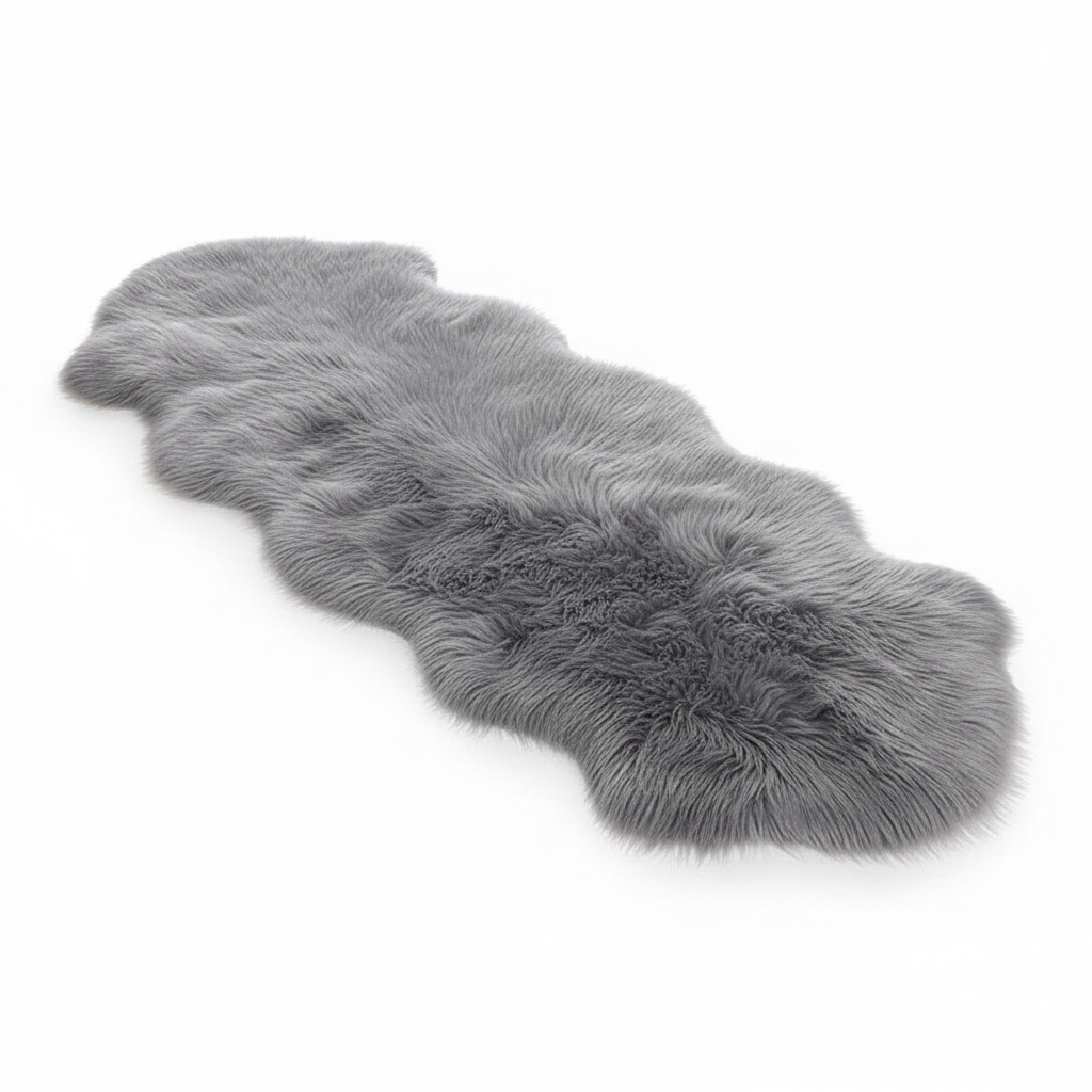 Tapis fausse fourrure gris sur fond blanc avec ombre douce