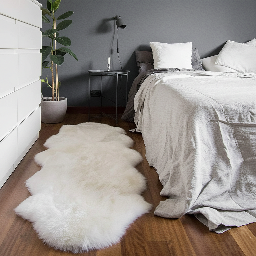 Tapis fausse fourrure blanc au pied du lit sur parquet foncé dans une chambre élégante aux murs gris