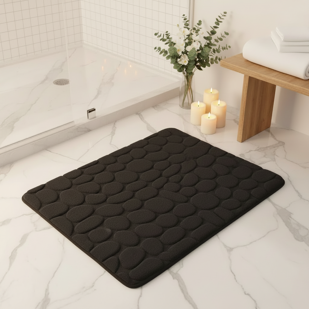 Tapis de bain noir dans une ambiance spa réaliste avec marbre blanc et orchidées
