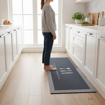 Femme dans sa cuisine moderne sur un tapis gris avec motif couverts