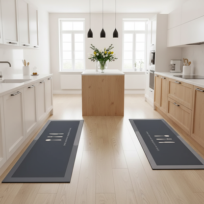 Tapis gris couverts dans une cuisine scandinave avec parquet chêne et lumière du matin