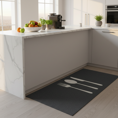 Tapis gris couverts dans une cuisine haut de gamme avec îlot en marbre et lumière dorée