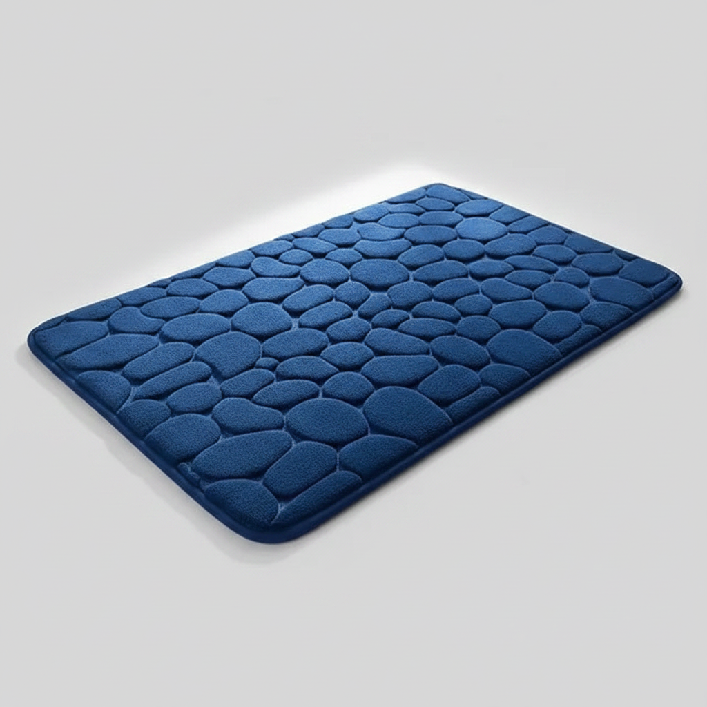 Tapis de bain bleu marine galets sur fond gris clair avec ombre élégante