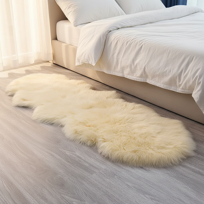 Tapis fausse fourrure beige crème au pied du lit avec literie blanche et lumière matinale