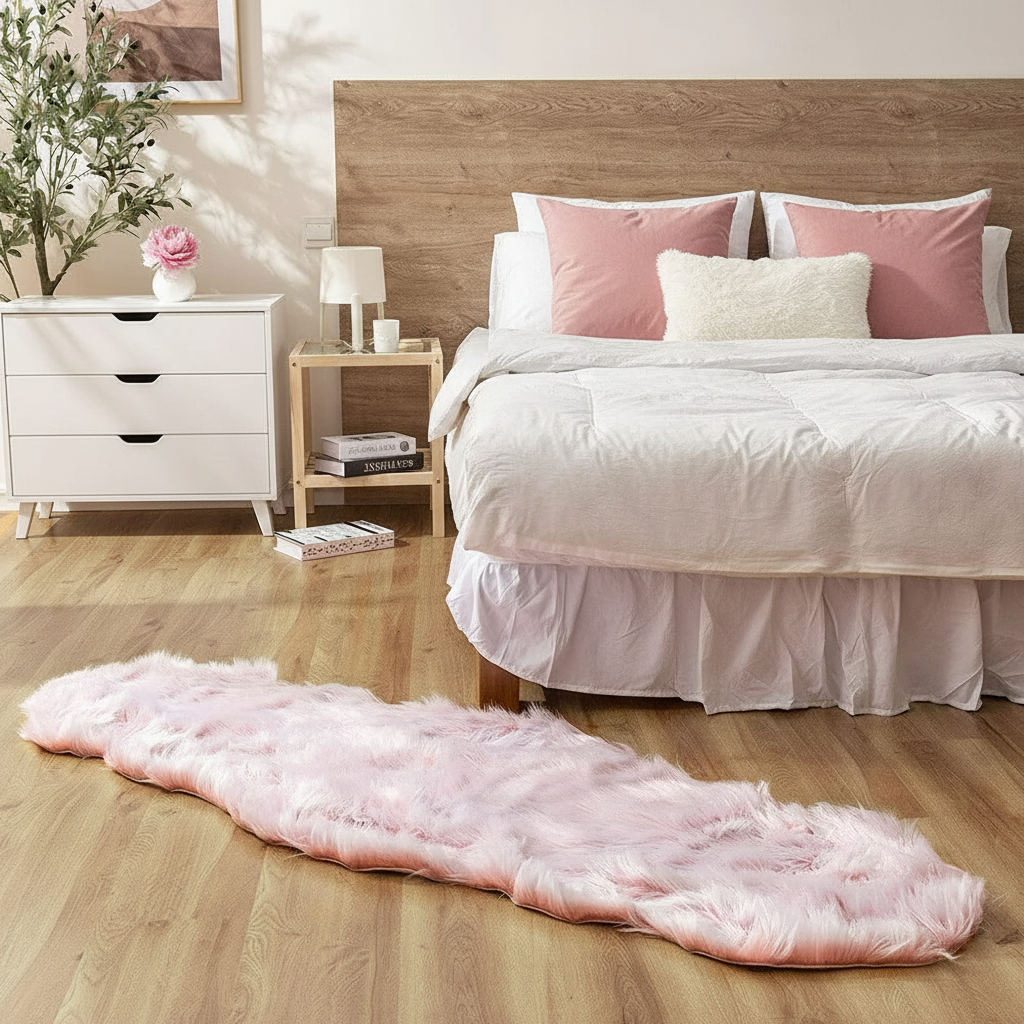 Tapis fausse fourrure rose poudré dans une chambre féminine avec lit blanc et coussins roses
