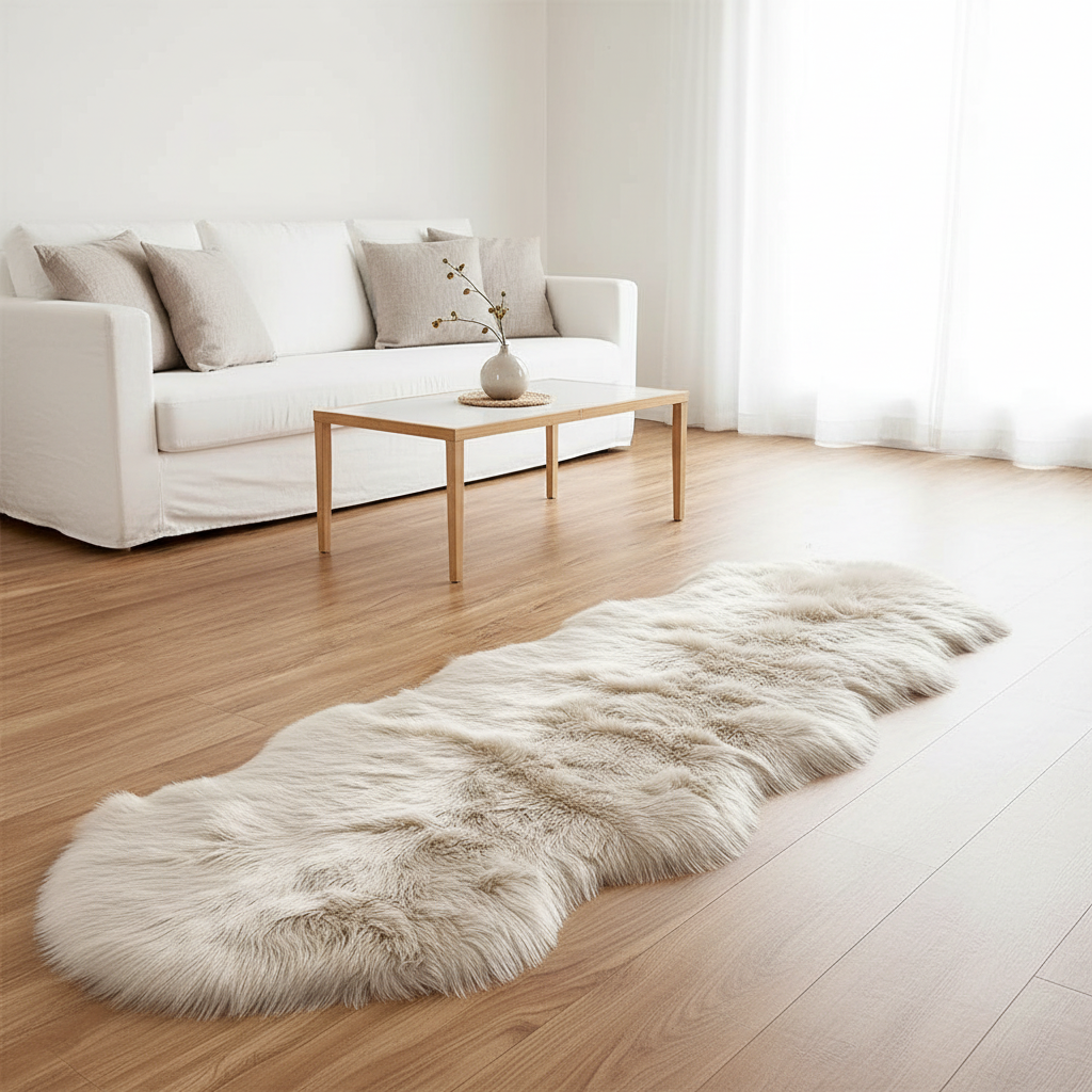 Tapis fausse fourrure beige dans un salon scandinave avec canapé blanc et parquet chêne