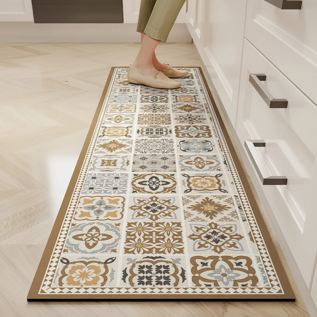 Pieds sur un tapis de cuisine motif carreaux méditerranéen beige or gris bleu dans une vraie cuisine