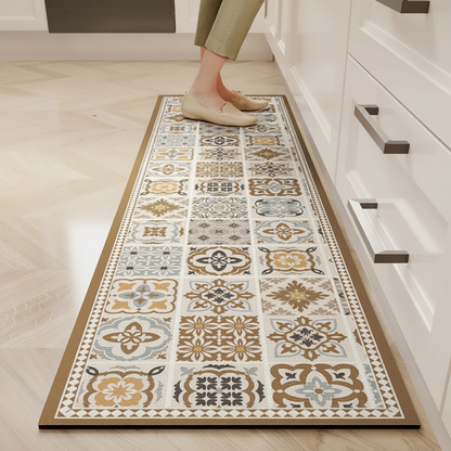 Pieds sur un tapis de cuisine motif carreaux méditerranéen beige or gris bleu dans une vraie cuisine