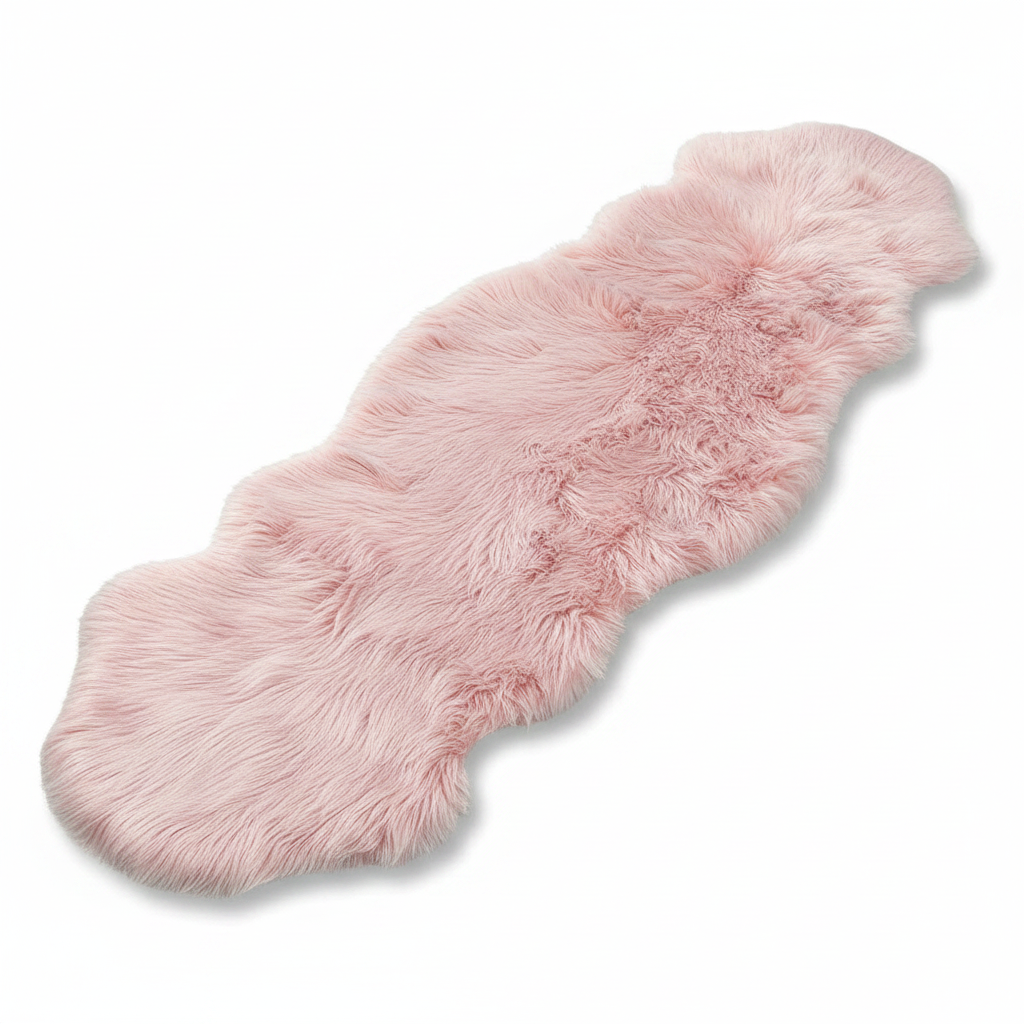 Tapis fausse fourrure rose poudré sur fond blanc avec ombre douce