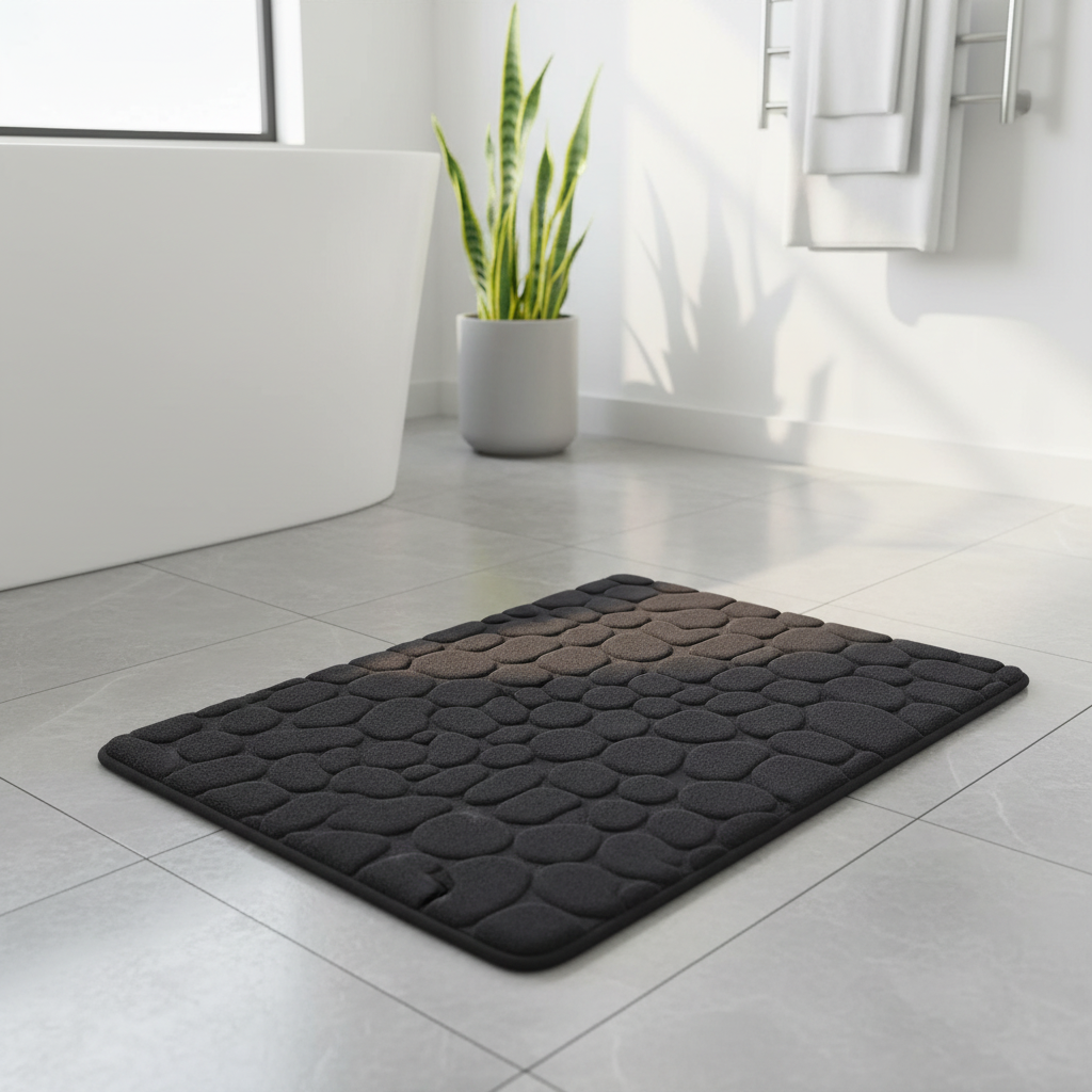 Tapis de bain noir galets dans une salle de bain moderne avec baignoire et plantes