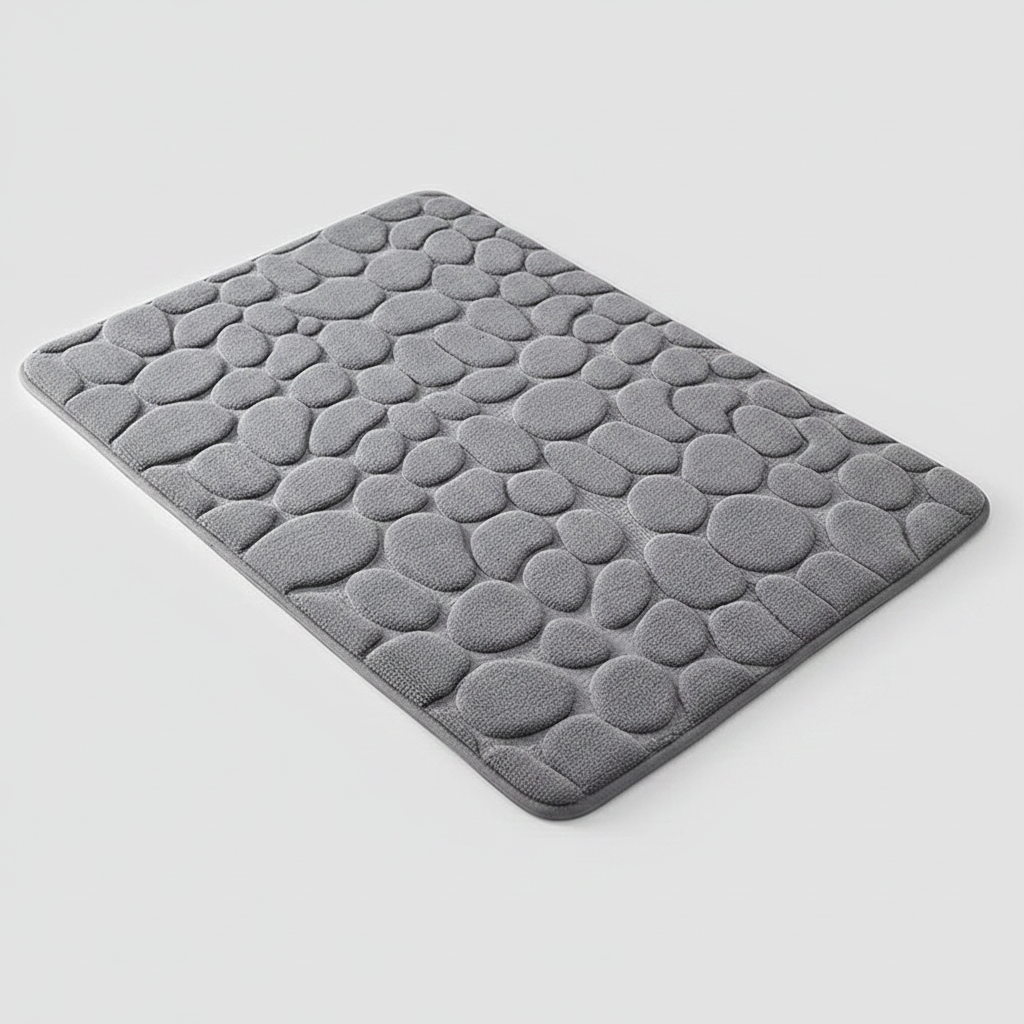 Tapis de bain gris galets sur fond gris clair avec ombre élégante