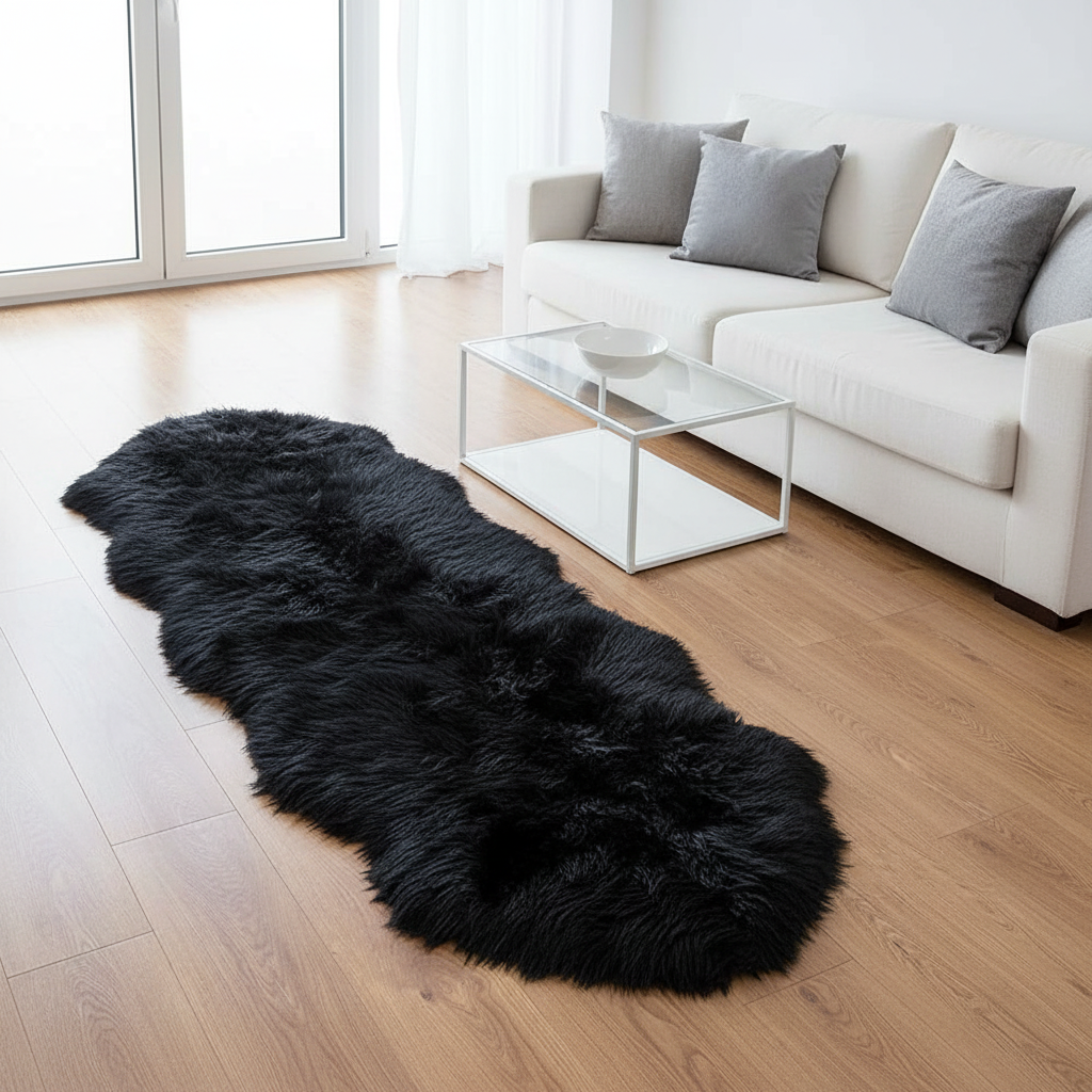 Tapis fausse fourrure noir dans un salon moderne avec canapé blanc et lumière naturelle