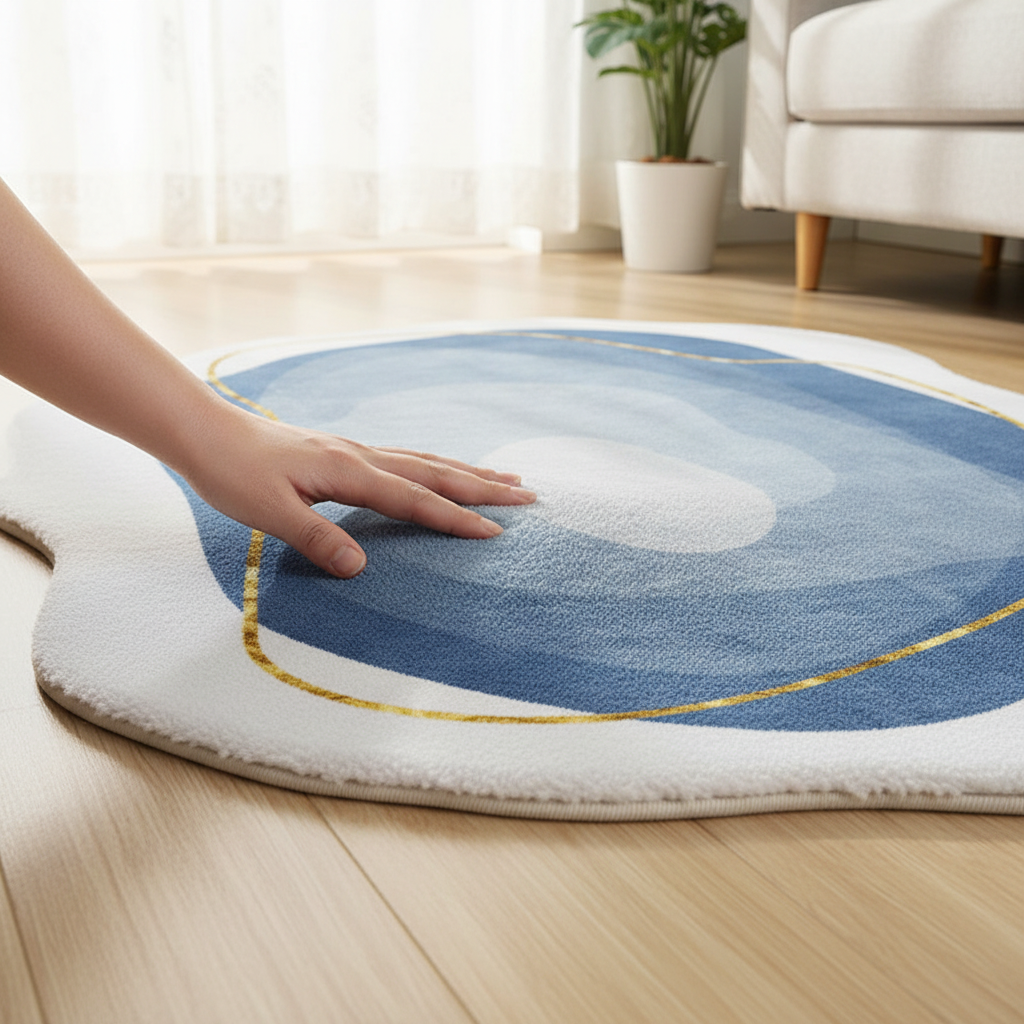 Main caressant tapis bleu artistique
