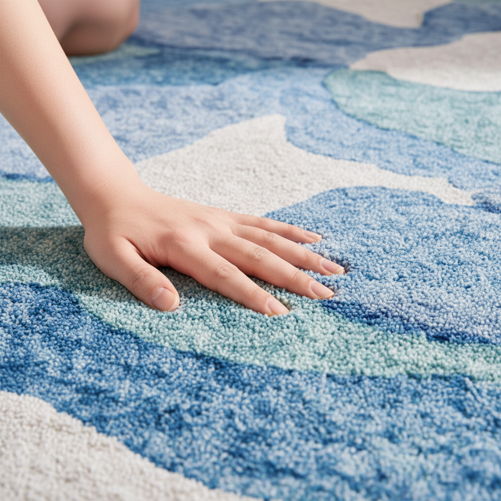 Main caresse tapis bleu