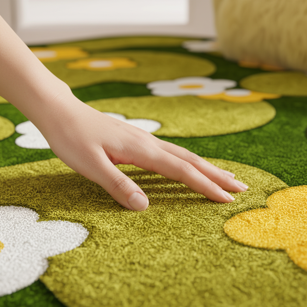 Main caresse tapis vert fleurs