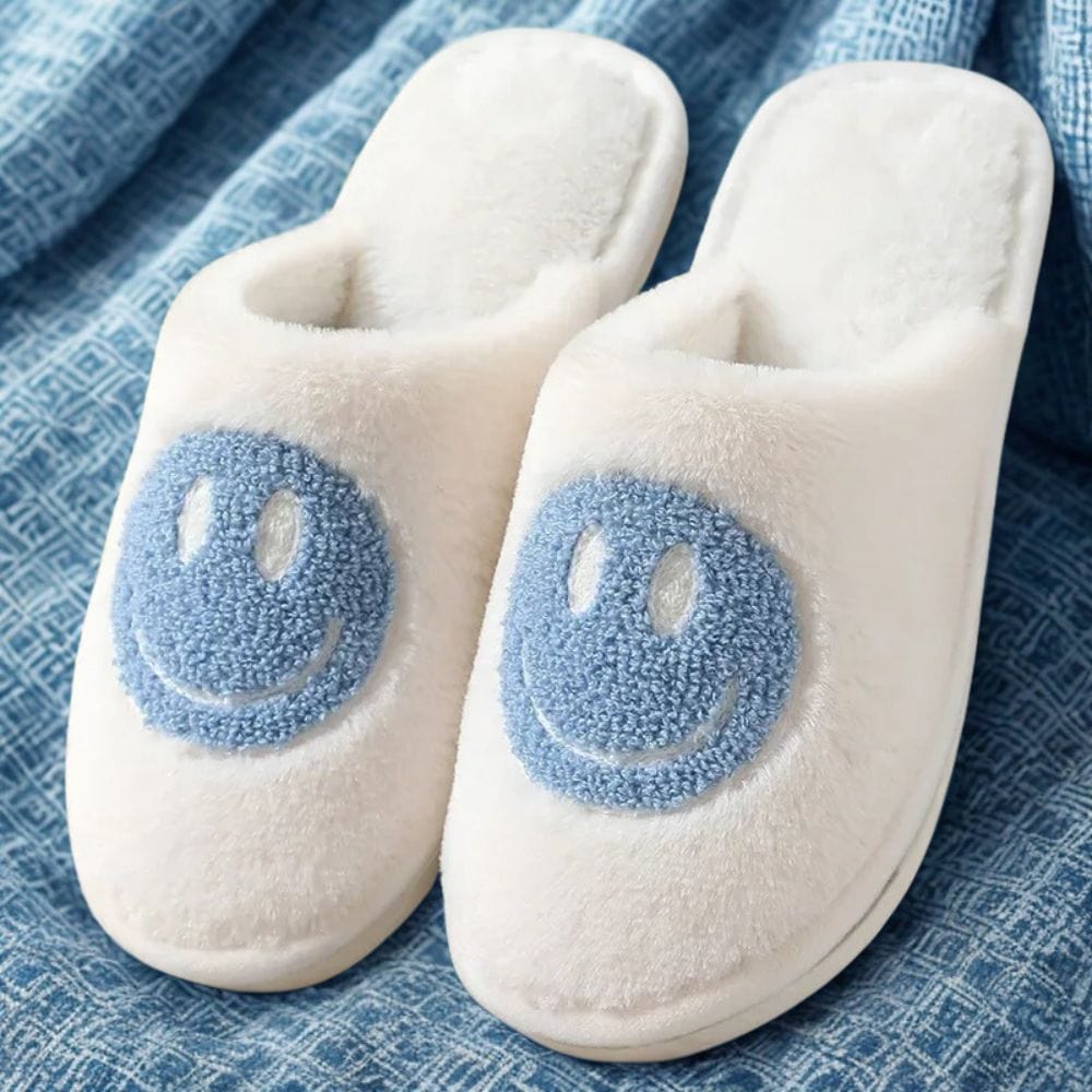 Cosysol Pantoufles Blanc en coton Smiley Bleu