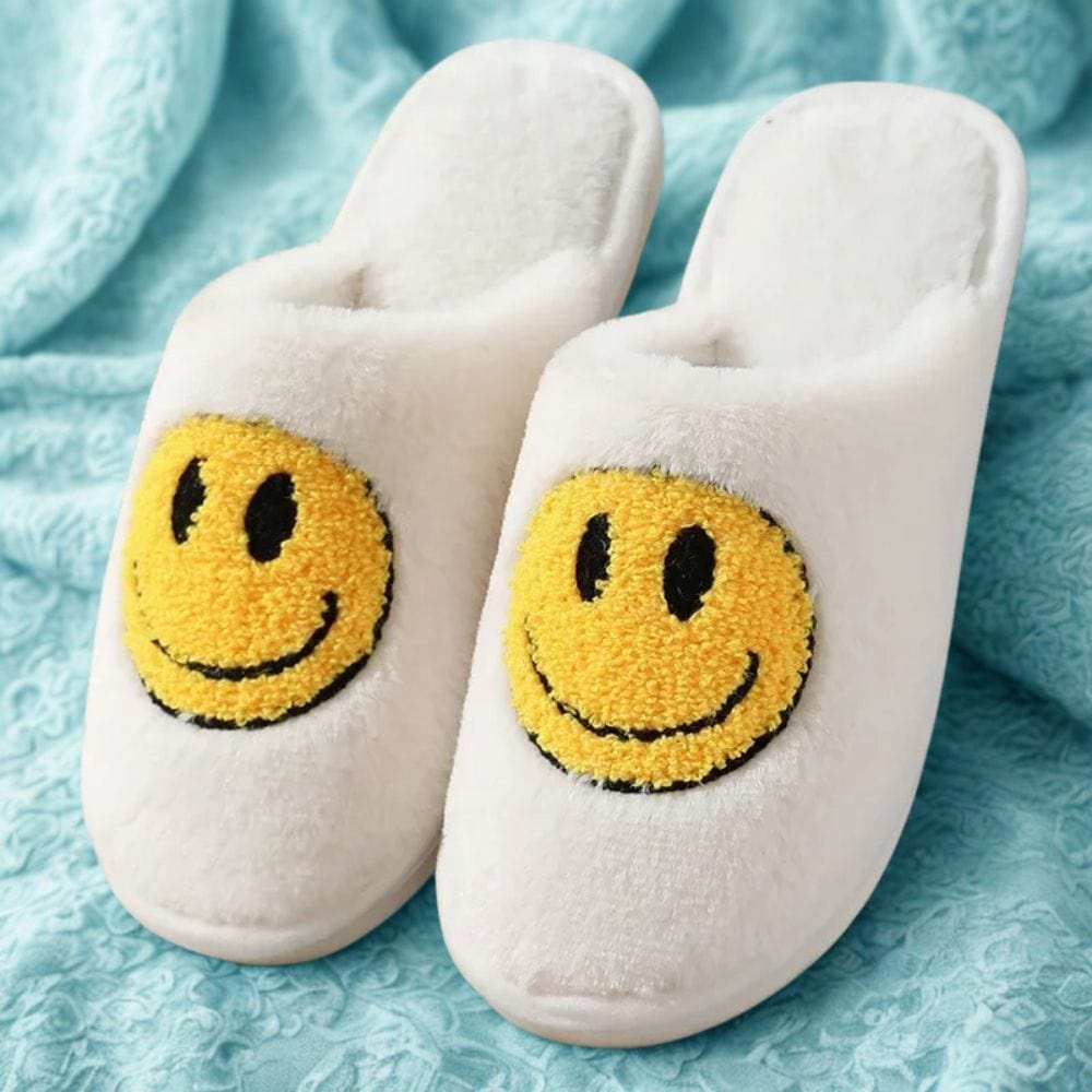 Cosysol Pantoufles Blanc en coton Smiley Jaune