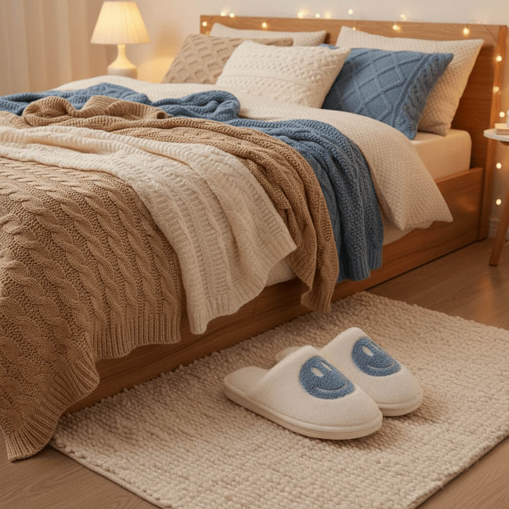 Pantoufles Coton Smiley Bleu Confortables et Stylées