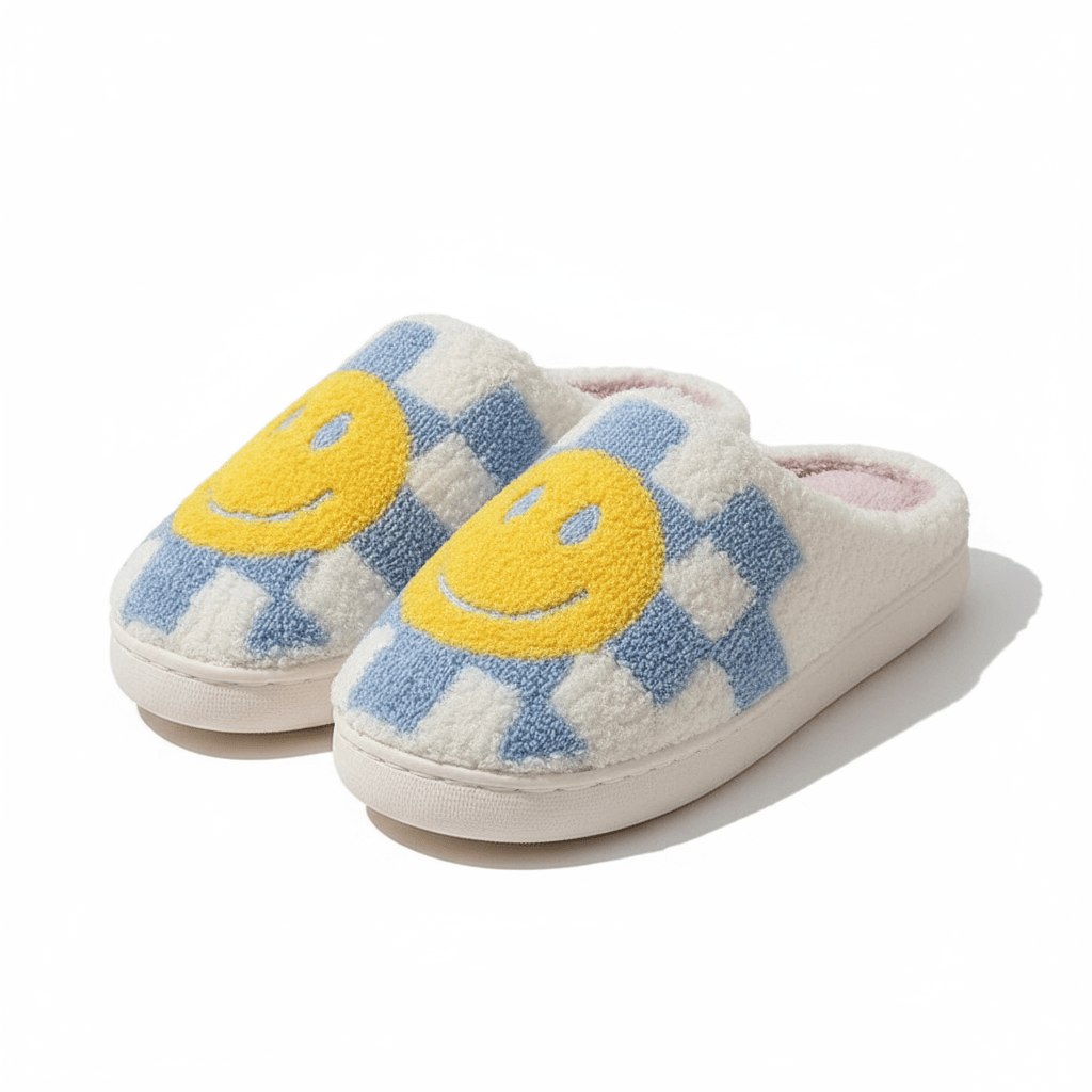 Pantoufles Damier Bleu Coton Smiley Jaune pour un Confort et Style Inégalés