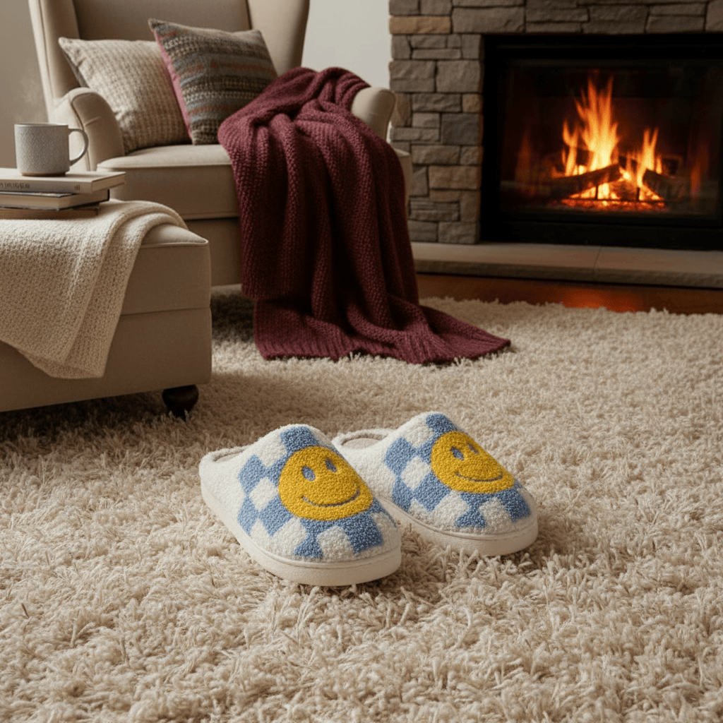 Pantoufles Damier Bleu Coton Smiley Jaune pour un Confort et Style Inégalés