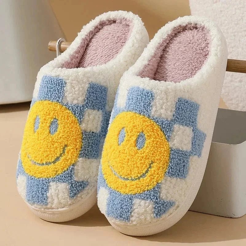 Pantoufles Damier Bleu Coton Smiley Jaune pour un Confort et Style Inégalés