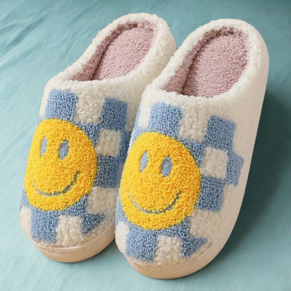 Cosysol Pantoufles Damier bleu en coton Smiley Jaune