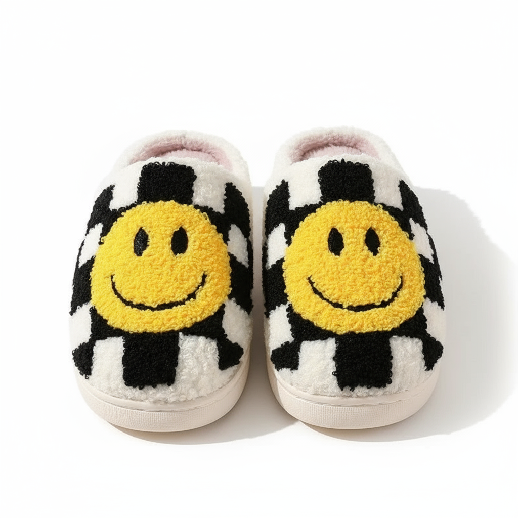 Pantoufles Damier Coton Jaune avec Smiley - Le Confort et le Style Inégalés pour vos Pieds