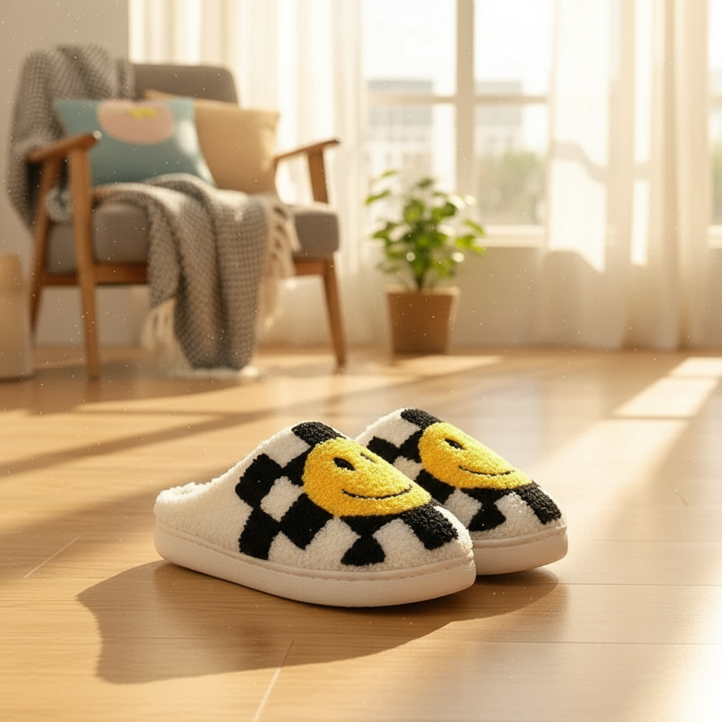 Pantoufles Damier Coton Jaune avec Smiley - Le Confort et le Style Inégalés pour vos Pieds