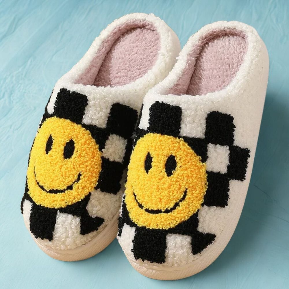 Cosysol Pantoufles Damier en coton  Smiley Jaune