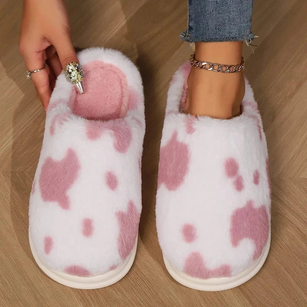 Pantoufles en fourrure rose Mignone en fourrure de vache
