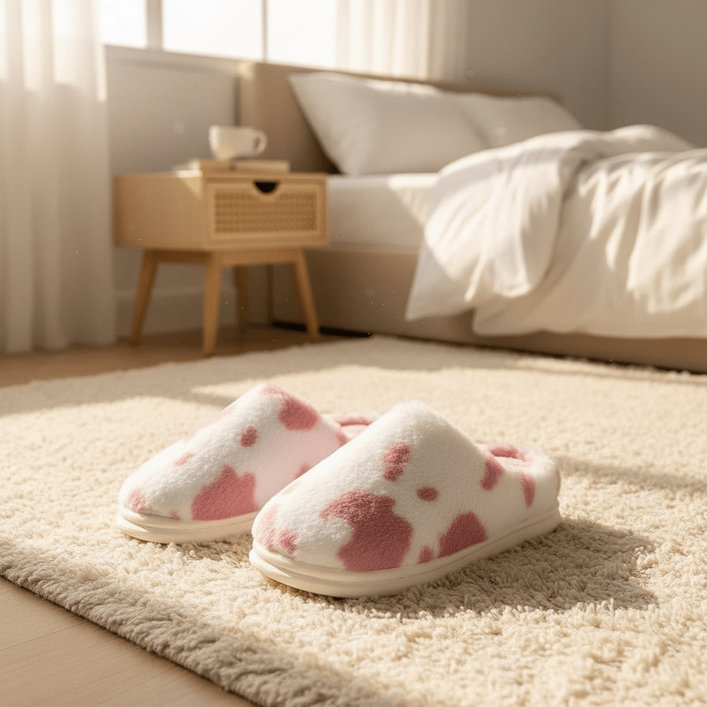 Pantoufles en fourrure rose Mignone en fourrure de vache