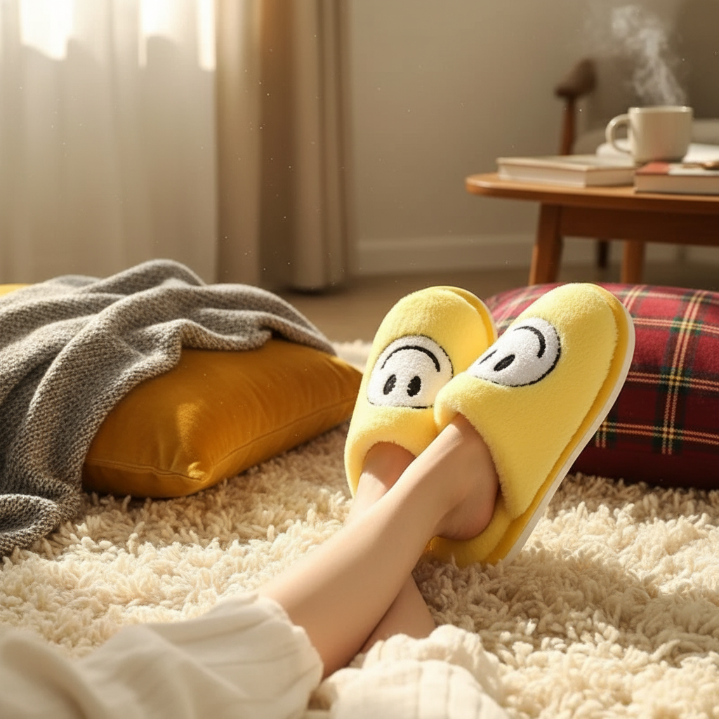 Pantoufles Jaunes Confortables en Coton Smiley Blanc pour Un Style Unique et Un Confort Optimal