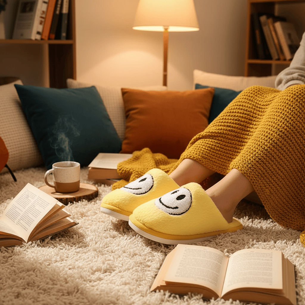 Pantoufles Jaunes Confortables en Coton Smiley Blanc pour Un Style Unique et Un Confort Optimal