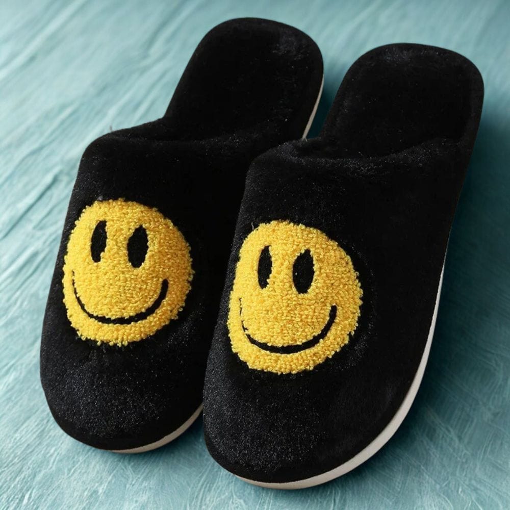 Cosysol Pantoufles Noir en coton Smiley Jaune