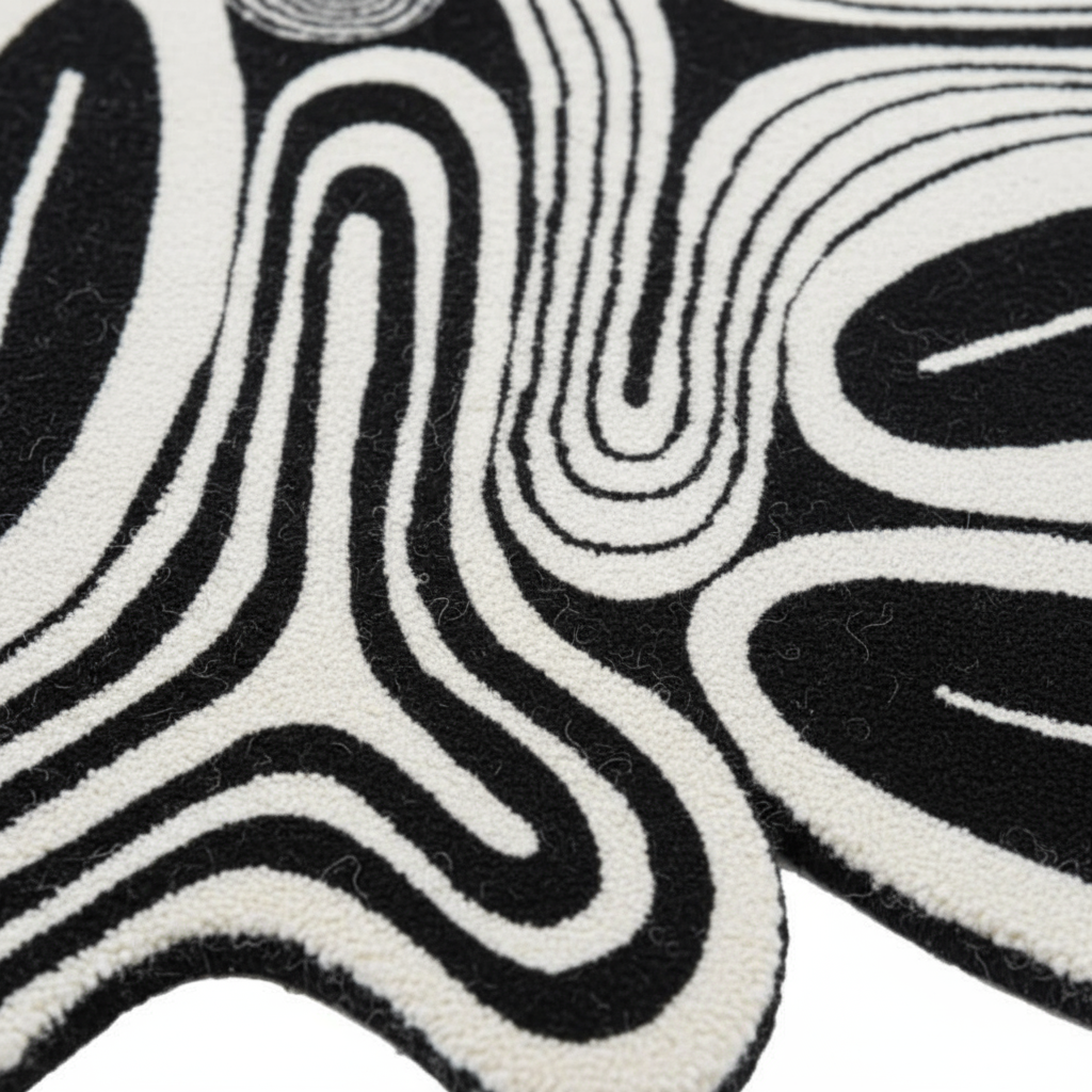 Tapis artistique noir blanc gris irrégulier pour un intérieur moderne