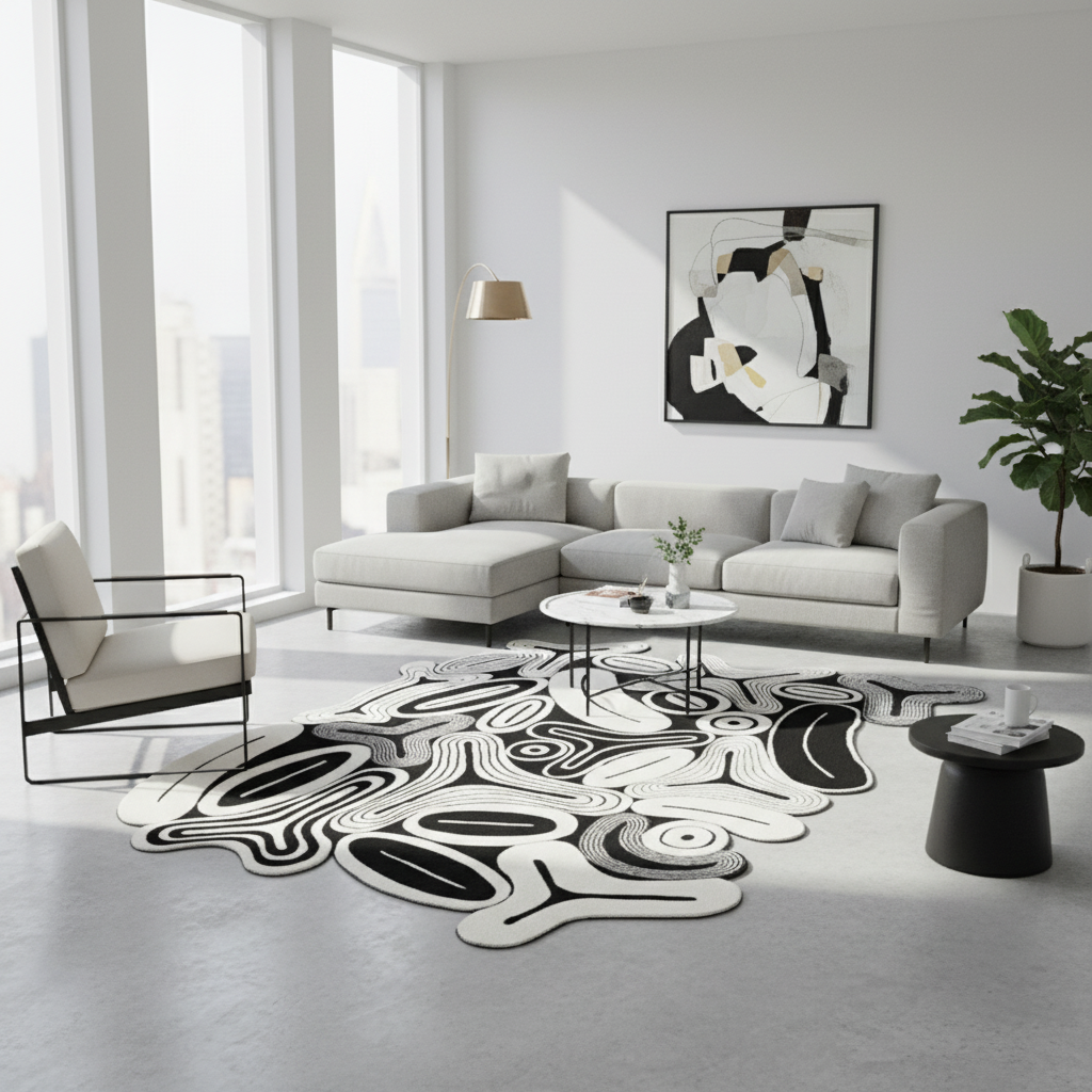 Tapis artistique noir blanc gris irrégulier pour un intérieur moderne