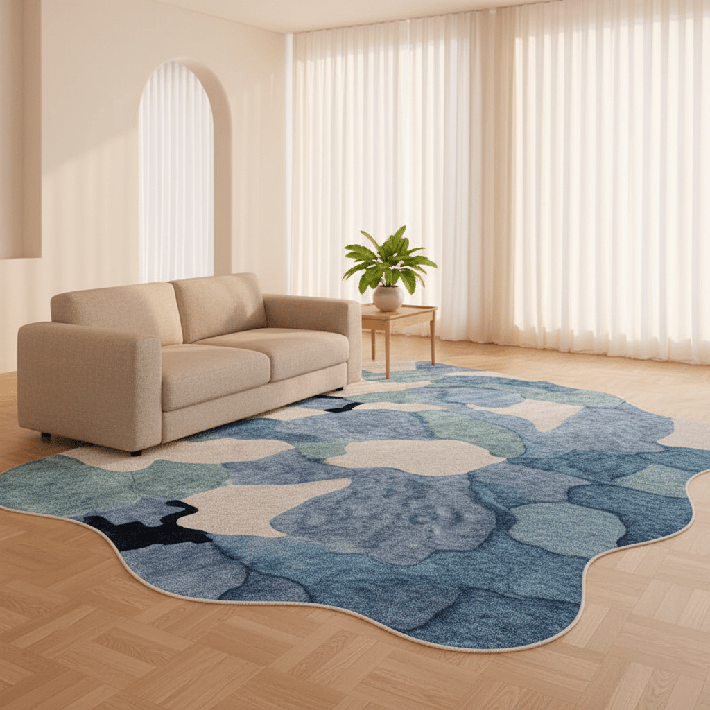 Tapis aux formes irrégulières doux Bleu — Sérénité & Élégance pour votre salon