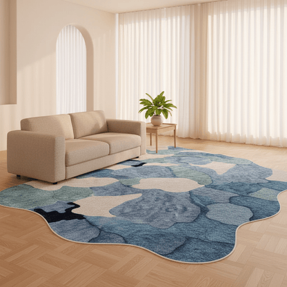 Tapis aux formes irrégulières doux Bleu — Sérénité & Élégance pour votre salon