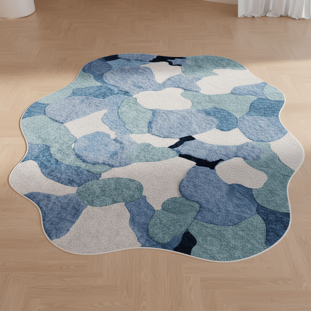 Tapis aux formes irrégulières doux Bleu — Sérénité & Élégance pour votre salon
