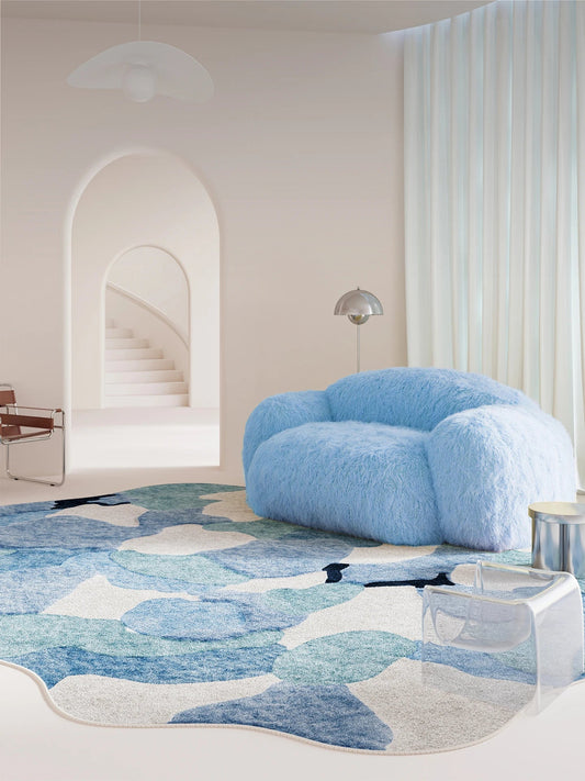 Tapis aux formes irrégulières doux Bleu — Sérénité & Élégance pour votre salon