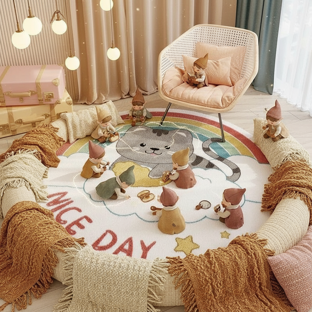 Tapis Bébé Chat Arc-En-Ciel Rond pour Chambre d'Enfant
