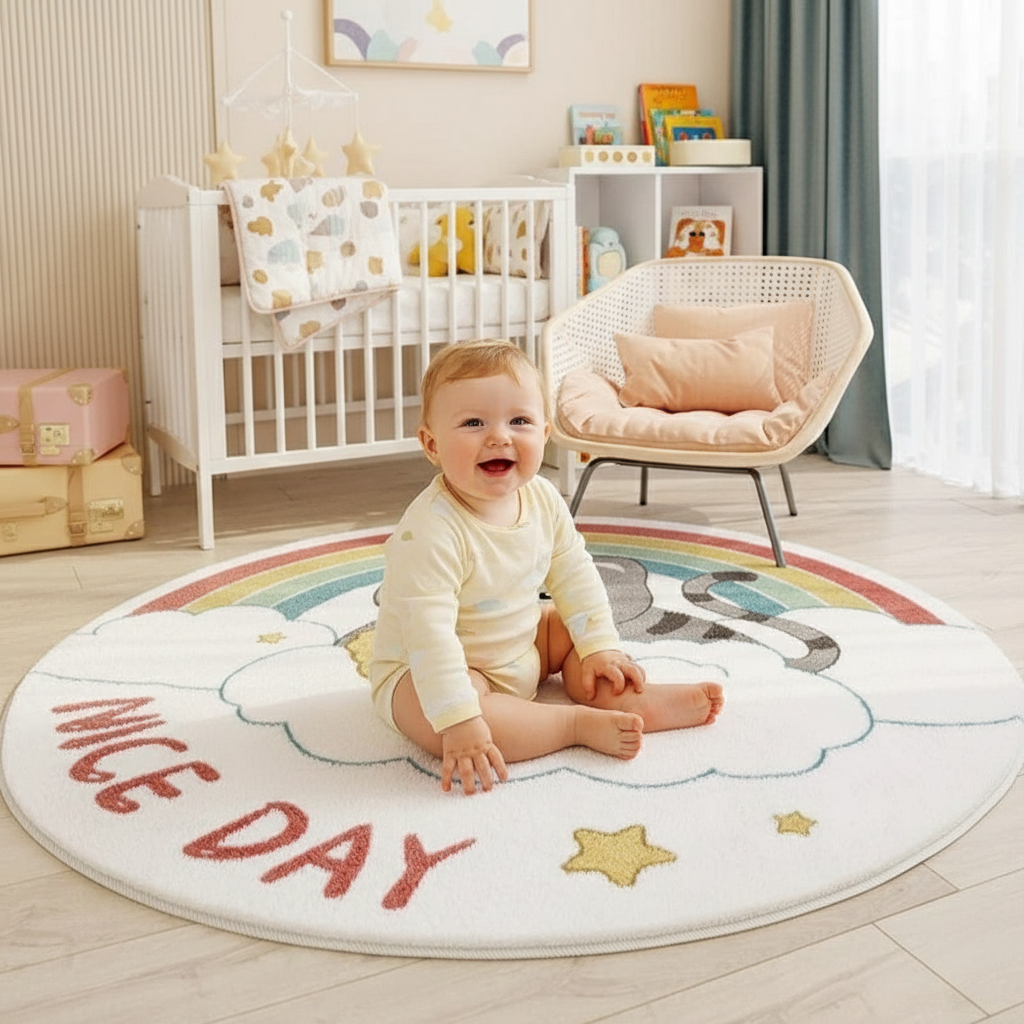 Tapis Bébé Chat Arc-En-Ciel Rond pour Chambre d'Enfant