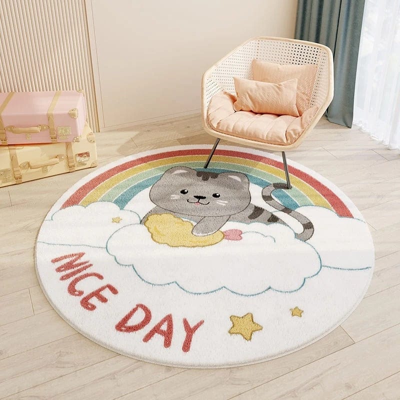 Tapis Bébé Chat Arc-En-Ciel Rond pour Chambre d'Enfant